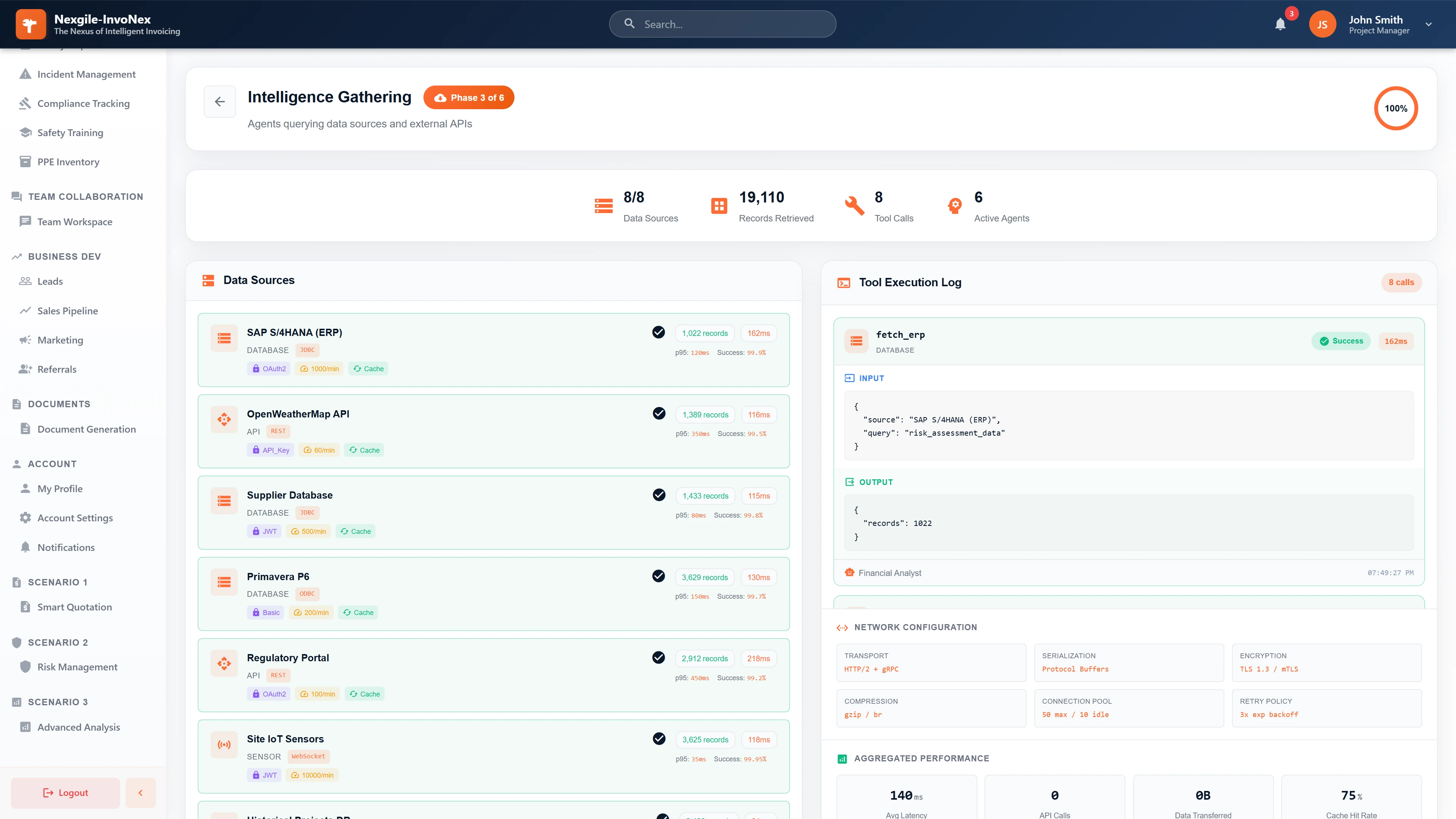 Intelligence Gathering - Data source integration with 8 external systems (SAP, OpenWeatherMap, Primavera P6, IoT Sensors), tool execution logs, and network configuration.